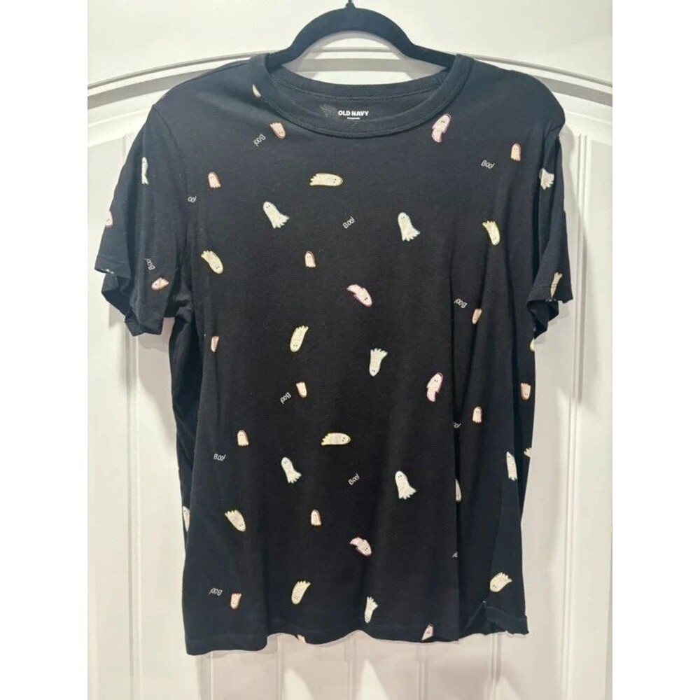 Ladies Old Navy Black Halloween Ghost Print Large Black T-Shirt